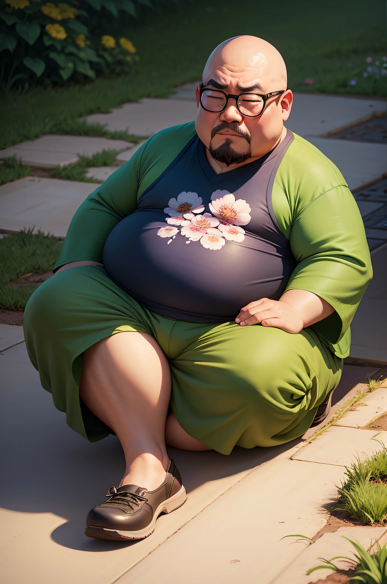 Disney Pixar style,A bald Chinese man with a big belly,Wearing flower glasses,Curled up on the ground,Very lonely wow wow crying