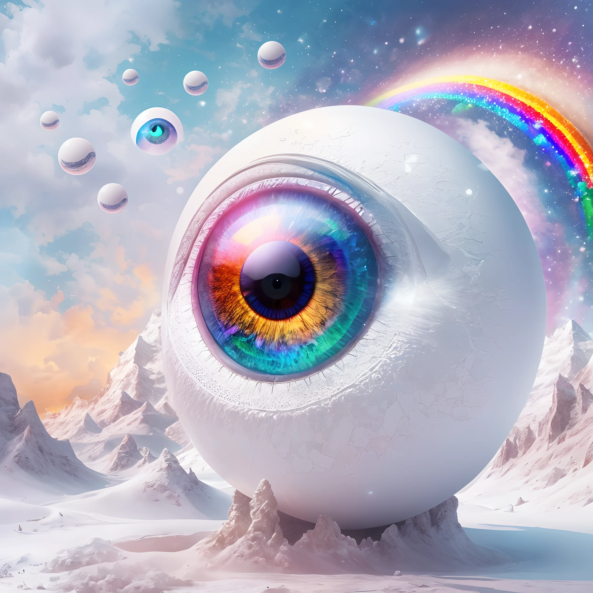 A pure white world with nothing. A huge eyeball is rolling there. Its eyeballs shine in rainbow colors, and a creative fantasy world spreads out in its eyes. A fusion point of reality and fantasy. Top quality, unparalleled artwork, high resolution, masterpiece, photorealistic,