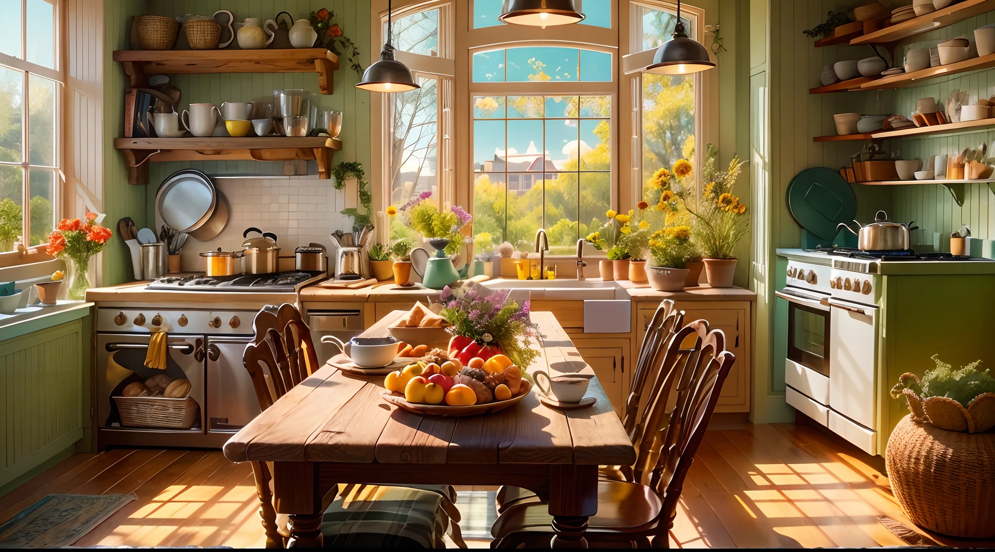 a highly detailed kitchen scene, oil painting, professional lighting, [vivid colors], [ultra-detailed], [photorealistic:1.37], hardwood floors, stainless steel appliances, marble countertops, a large center island with a built-in sink, a hanging pot rack filled with copper cookware, a beautiful chandelier hanging above the island, a rustic farmhouse dining table with mismatched chairs, a cozy breakfast nook with a bay window, natural sunlight streaming through sheer curtains, a vintage coffee machine on the countertop, a pile of fresh produce on a wooden cutting board, a bouquet of fresh flowers on the windowsill, a decorative tile backsplash, intricate carvings on the cabinet doors, a glass jar filled with wooden spoons, a collection of antique teacups on a shelf, a stack of cookbooks on a wall-mounted shelf, a painting of fruit on the wall, a family of four gathered around the table enjoying a meal, a chef in a white apron preparing food on the stove, steam rising from a pot on the stove, the smell of freshly baked bread filling the air, a glass jar filled with homemade cookies, a bowl of colorful fruits on the countertop, a French press and a set of ceramic mugs on a tray, a vintage radio playing soft jazz music, a small herb garden on the windowsill, a cozy rug on the floor, a cat lounging on a chair, the sound of sizzling coming from the oven, a view of a beautiful garden through a large window, the sound of laughter and conversation filling the room.