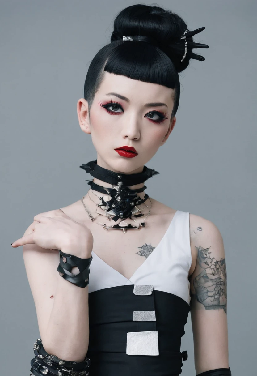 traditional japanese emo geisha skinhead, hairgoth, emo goth spikey fashion shoot editorial style, Hypebeast ultra fast fashion gang signs with goth emo accessories
