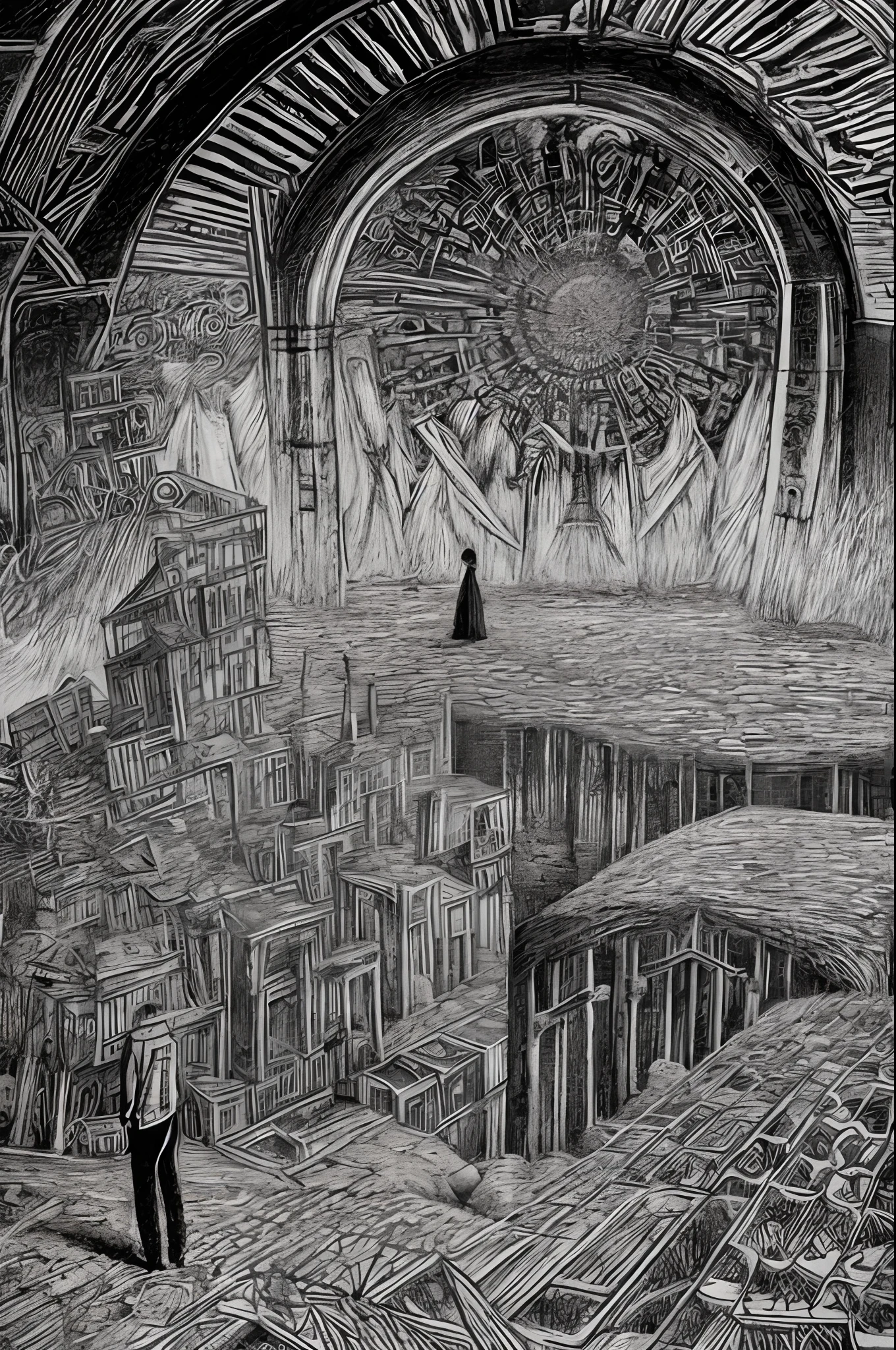 detailed pencil drawn scene staring into the void from the mountain of madness in the style of junji ito