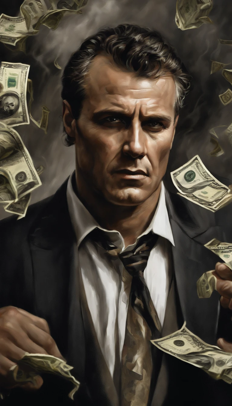 Handsome rich man,A pile of banknotes and coins in front of him， Real Photographics, Intense expression, Determined eyes, hold fists, Sweat dripped down his face, Ruffled suit, Crumbling dollar bills, Smoke rises in the background, Black and white with a touch of gold, Realism. (Best quality, A high resolution, Ultra-detailed), (Realistic:1.37), professional, Vivid colors.