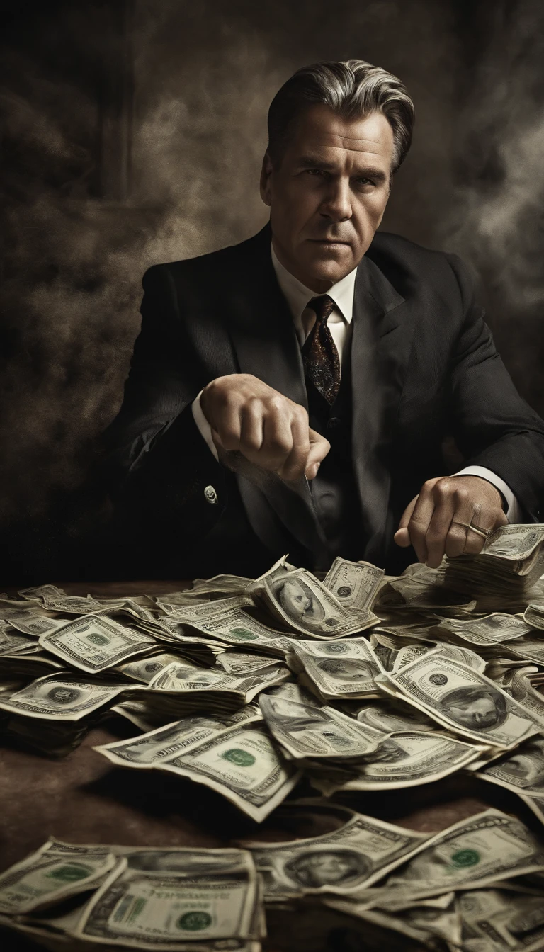 Man fighting money, Oil Painting, Harsh brush strokes, Dramatic Lighting, intense expression, Determined eyes, hold fists, sweat dripping down his face, Wrinkled suit, broken chains, Crumbling dollar bills, Crumbling Stock Market Graph, Smoke rises in the background, Black and white with a touch of gold, Realism. (Best Quality, hight resolution, Ultra-detailed), (Realistic:1.37), Professional, Vivid colors.