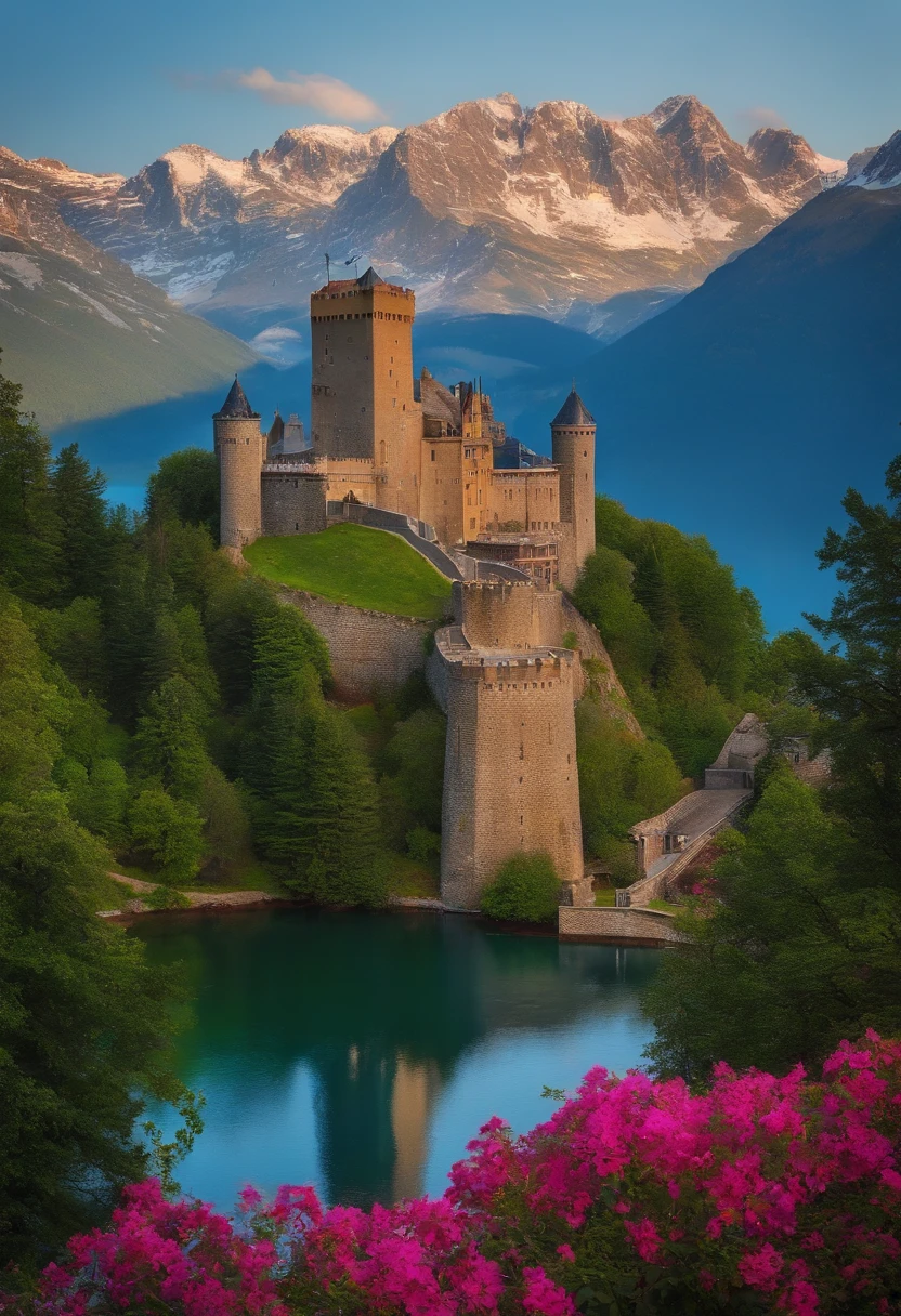 Azme a castle atop a mountain that has a lake and a lift bridge