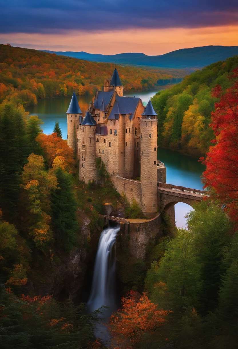 Azme a castle atop a mountain that has a lake and a lift bridge