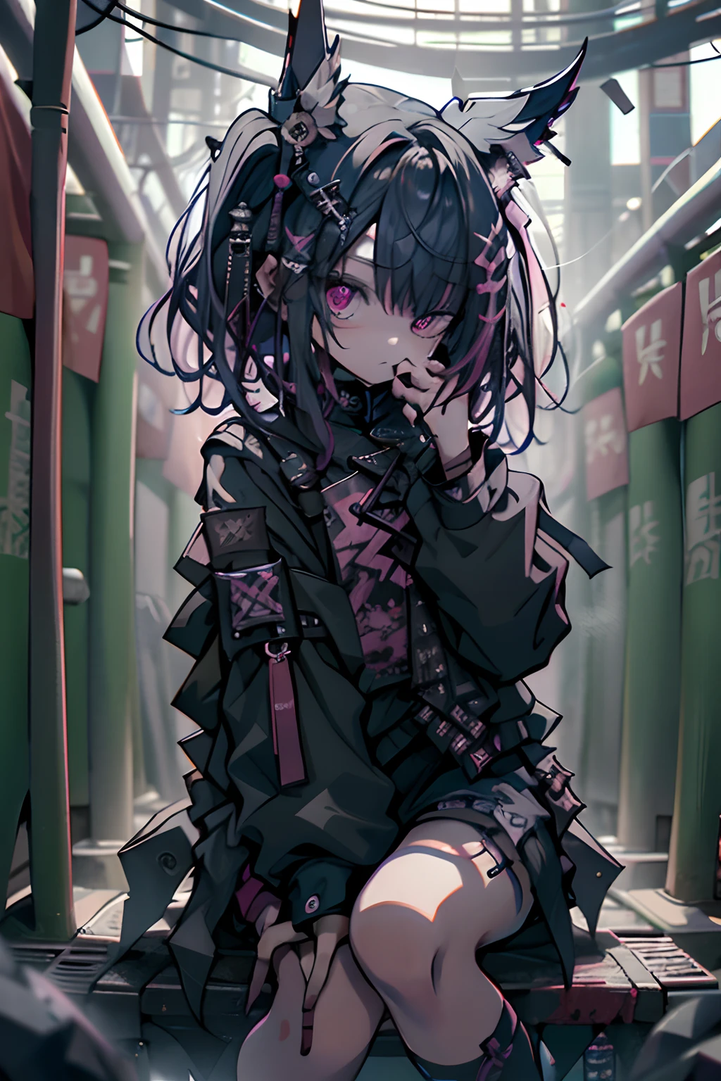Sitting,hand between legs、blood splashing、dead body、morning、Gothic punk、耳Nipple Ring、hair adornments、A dark-haired、Pink and black color、poneyTail、Black Pink Shirt、、Black shorts、Blunt bangs、Photorealsitic, hight resolution, 1 rapariga, Korea person,