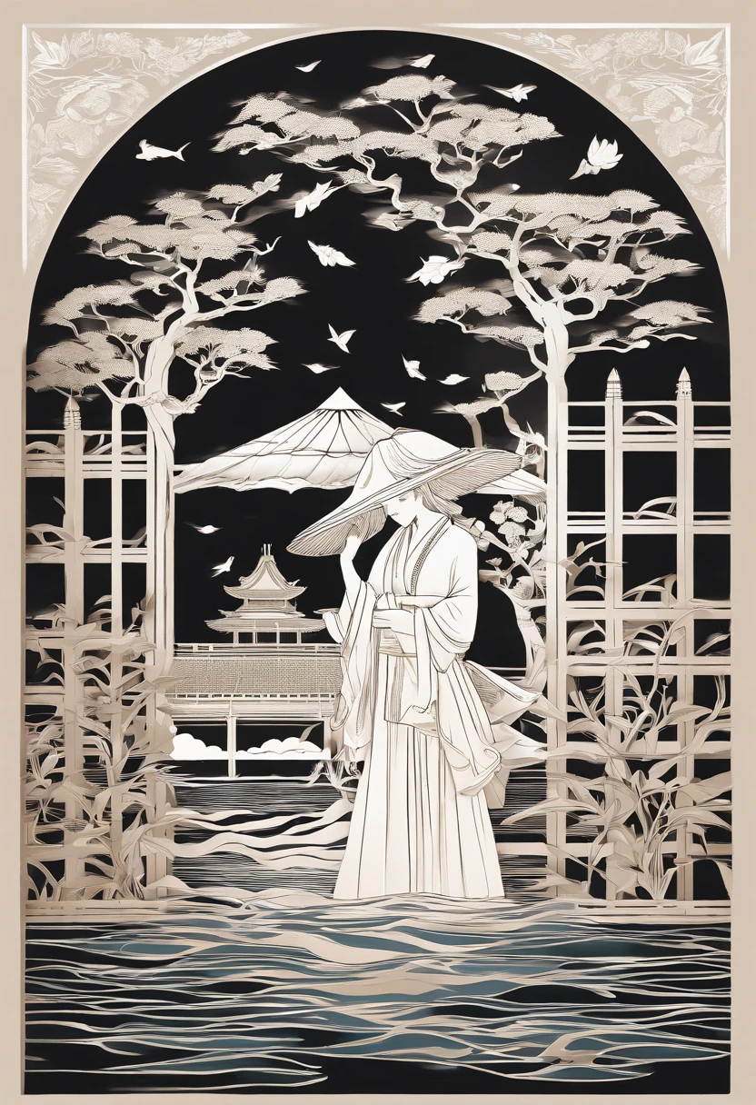 1girll, looking at viewert, water, pond, Lake, Shrine, Koi
