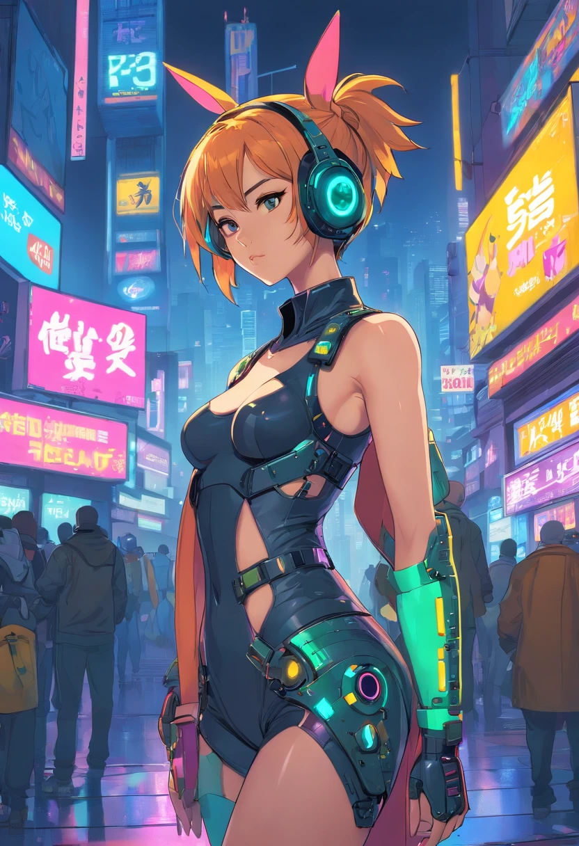 Cyberpunk woman + gta5 + The gang of epic Looney Tunes ncredibly detailed cyberpunk robotic chrome tight outfit, highly detailed futuristic with many studded textures