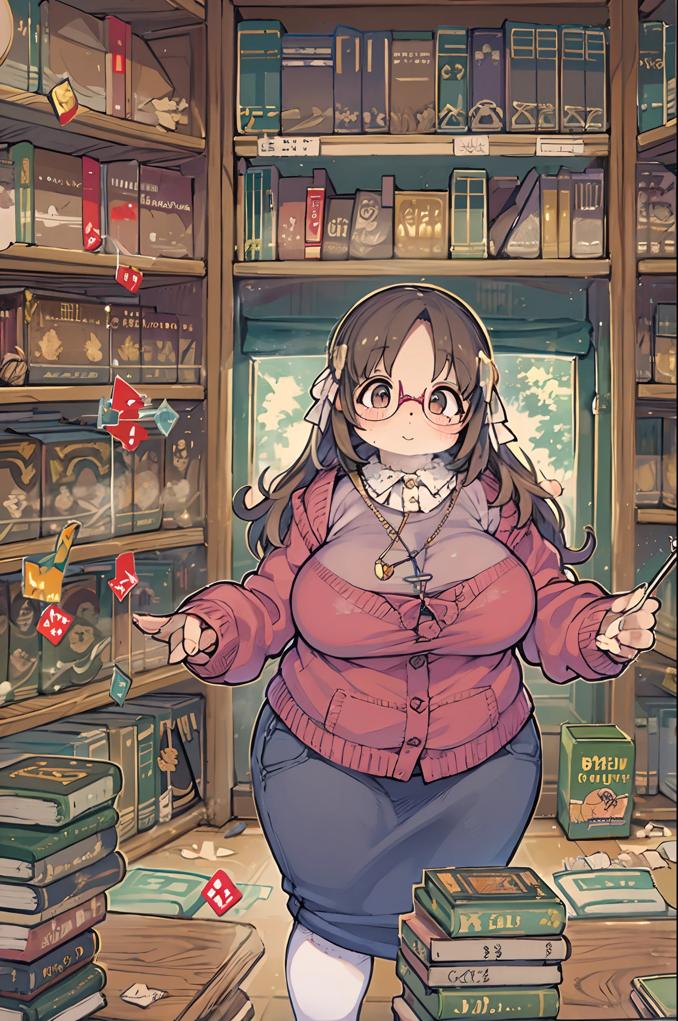 Huge library、1 librarian、One Woman、small round glasses、bbw