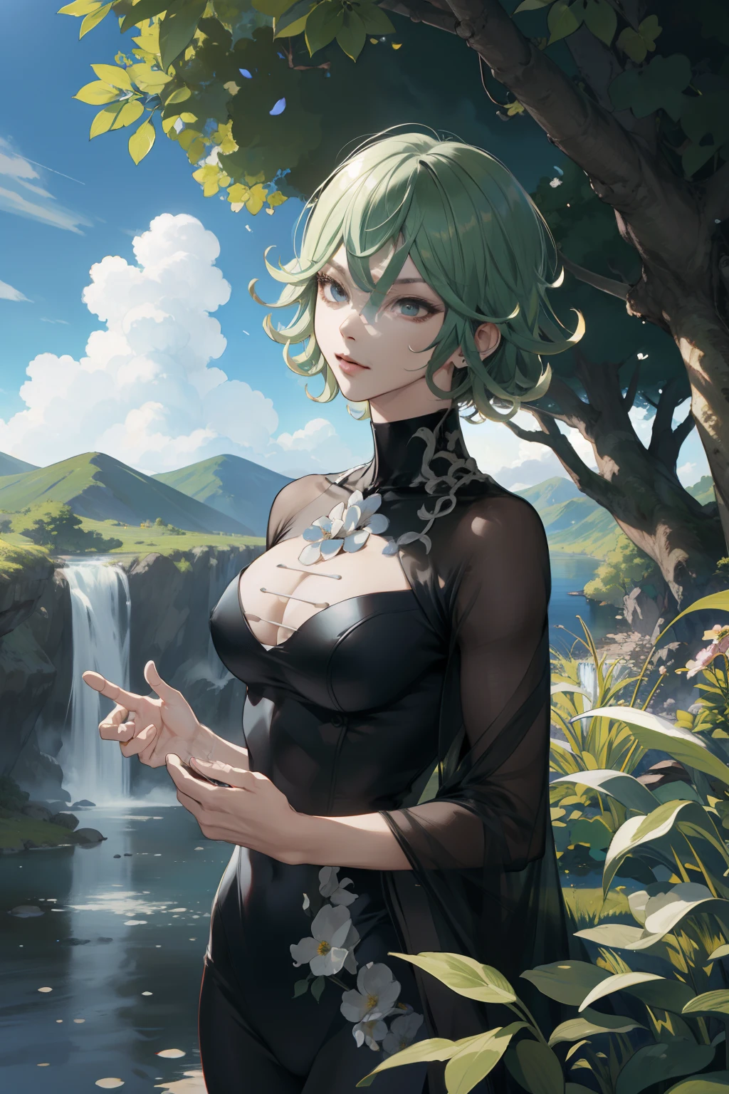 Tatsumaki, one punch man,masterpiece, best quality, high quality, extremely detailed 8k CG unit wallpaper, scenery, Outdoor, sky, cloud, day, water, tree, blue sky, waterfall, cliff, nature, lake, river, cloudy sky, award-winning photography, Bokeh, depth of field, HDR, flower, chromatic aberration, photorealistic, extremely detailed, trend in artstation, trend in CGsociety, intricate,  High detail, dramatic, art in the middle of the journey