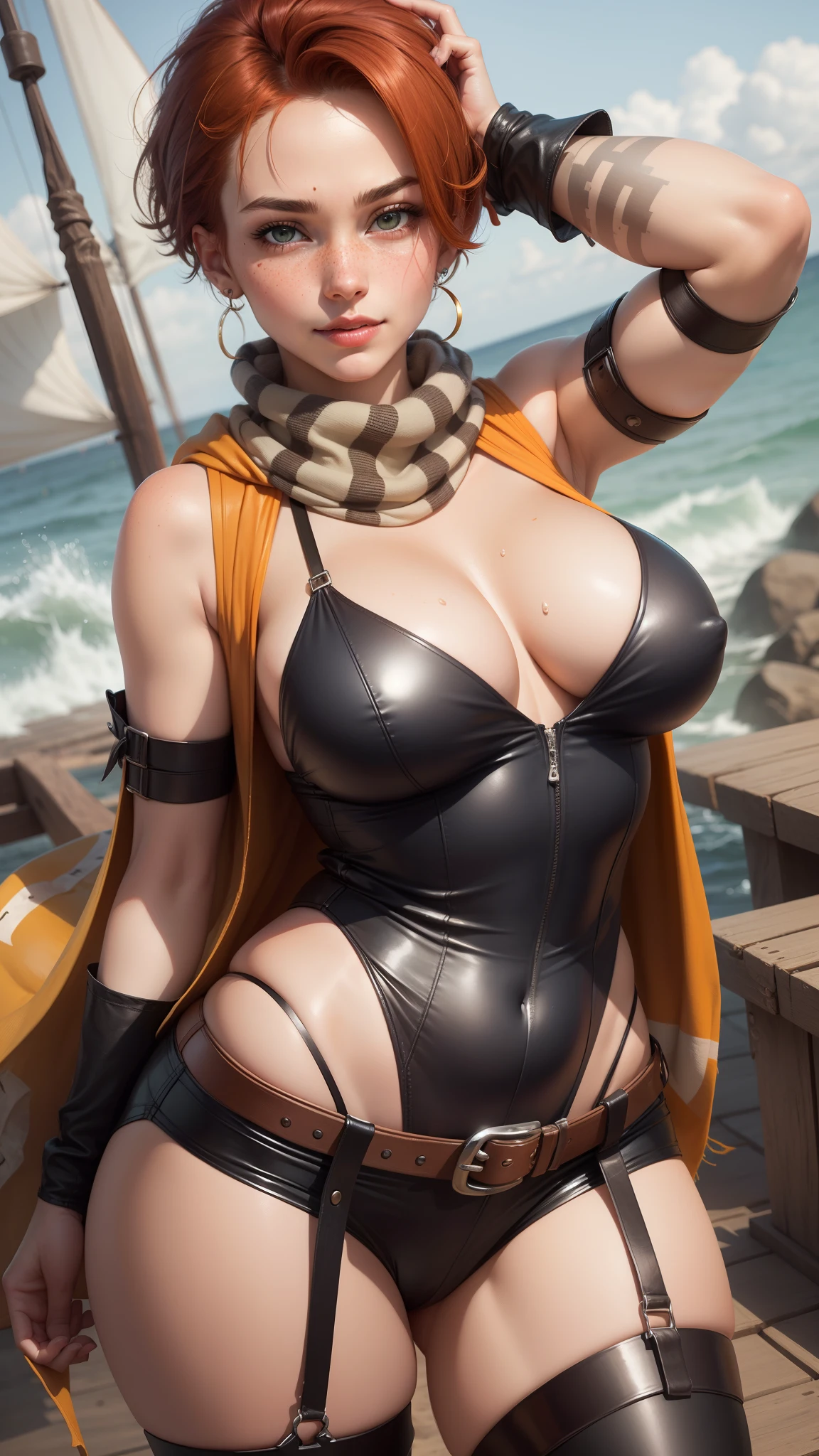 gwen tennyson,tracer,ada wong,rebecca chambers,atelier ryza,pirate outfit,beach, ager,green eyes,long scarf,thigh high boots,garter belt,shy smile,striped panties,short hair,orange hair,pirate ship,white striped top,tight gothic mini skirt,wet body,freckles,redhead,pirate corset,pirate jacket,beautiful girl,large breasts,ultra detailed,realistic,pearl earrings,
