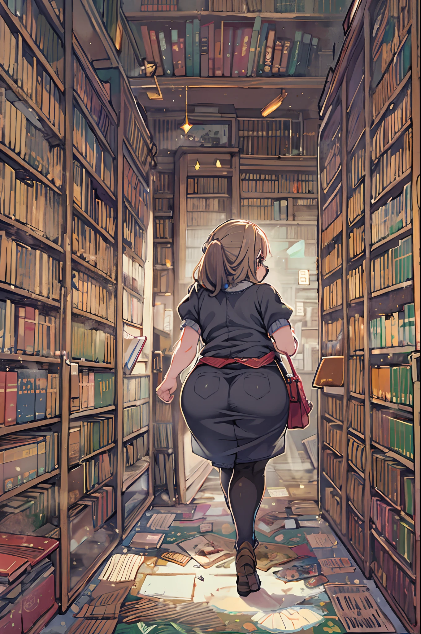 Huge library、1 librarian、One Woman、small round glasses、bbw