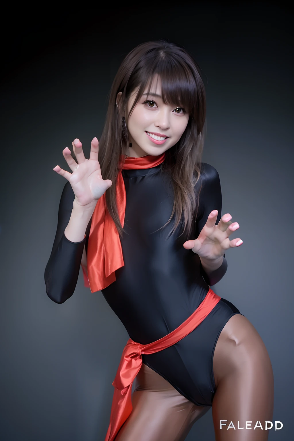 Young woman posing in black bodysuit and red scarf, full body zenkai! asuka suit, asuka suit under clothes!, Ayaka Cosplay, Asuka, juri misaki, mika kurai demon, posing as a jojo character, Kasumi Arimura Style 3/4, Anime Character; Full Body Art, chiho、skintight、top-quality、8K、Red scarf on neck and waist、(pantyhose)、huge tit