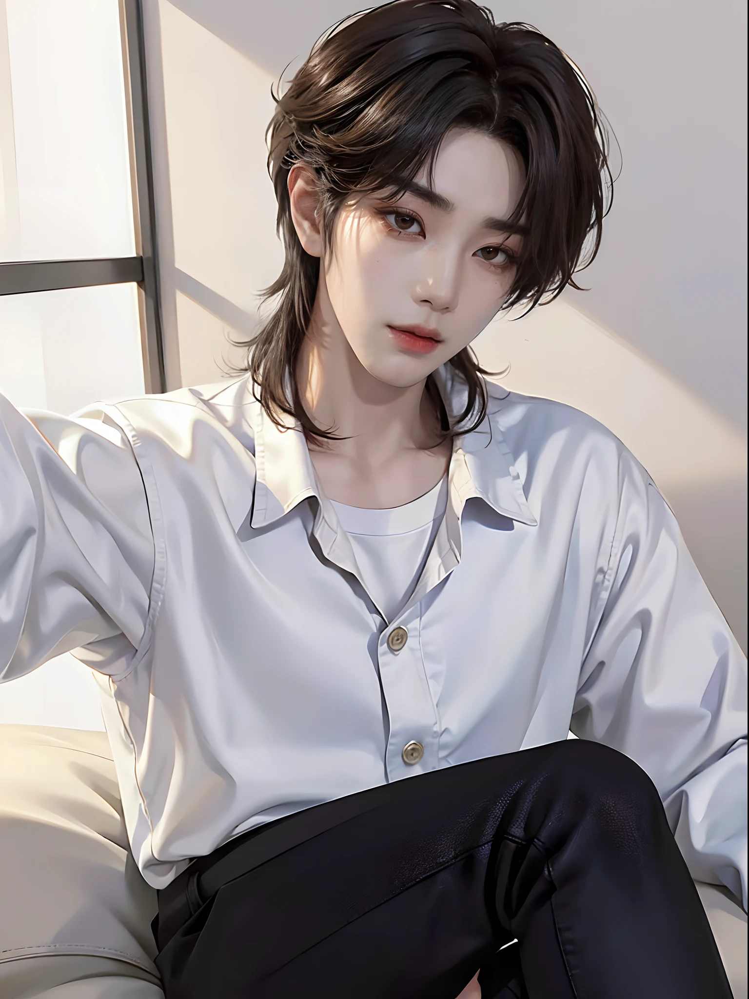 masterpiece、(top-quality)、((high-level image quality))、One Manly Boy、((White Y-shirt and long black pants))、(Detailed beautiful eyes)、Stylish homeroom、Take a selfie while sitting with your back to the wall、Face similar to Chaewon in Ruseraphim、((short hair above the ears))、((Smaller face))、((Neutral face))、((Light brown eyes))、((Korean boy))、((18year old))、((Handsome man))、((Wild look))、((Korean Makeup))、((elongated and sharp eyes))、((Take a selfie))、((Selfie near face))、((Only your face is on the screen))