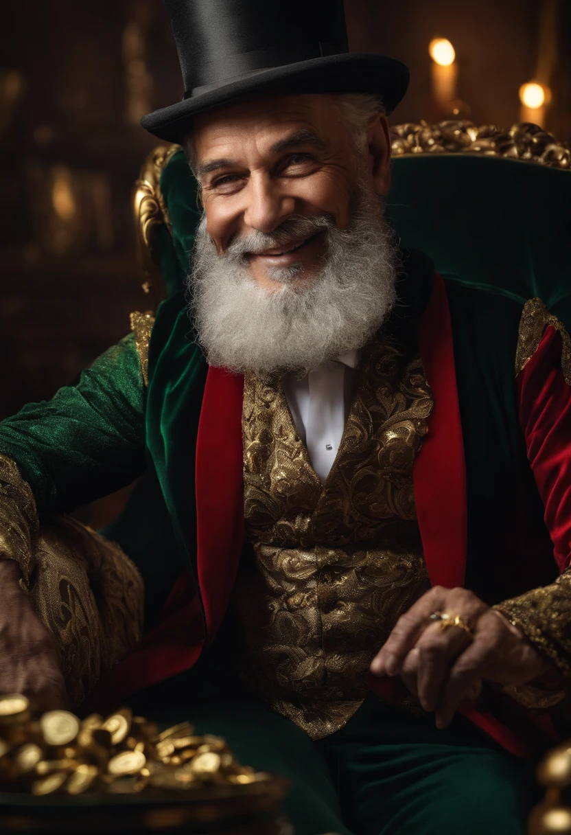 realistic 75 years old smiling magician, black red suite, with hat, gray beard, on a gold emerald lux sofa, making magic with money and gold
