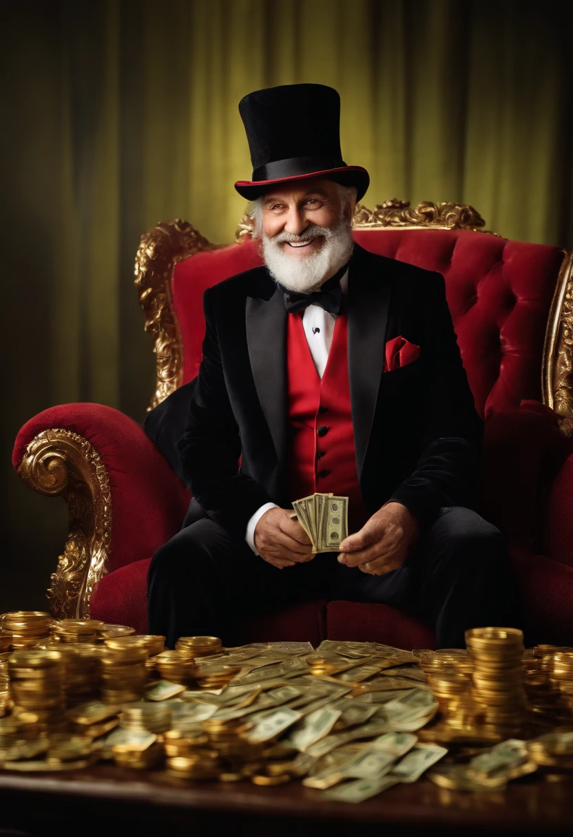 realistic 75 years old smiling magician, black red suite, with hat, gray beard, on a gold emerald lux sofa, making magic with money and gold