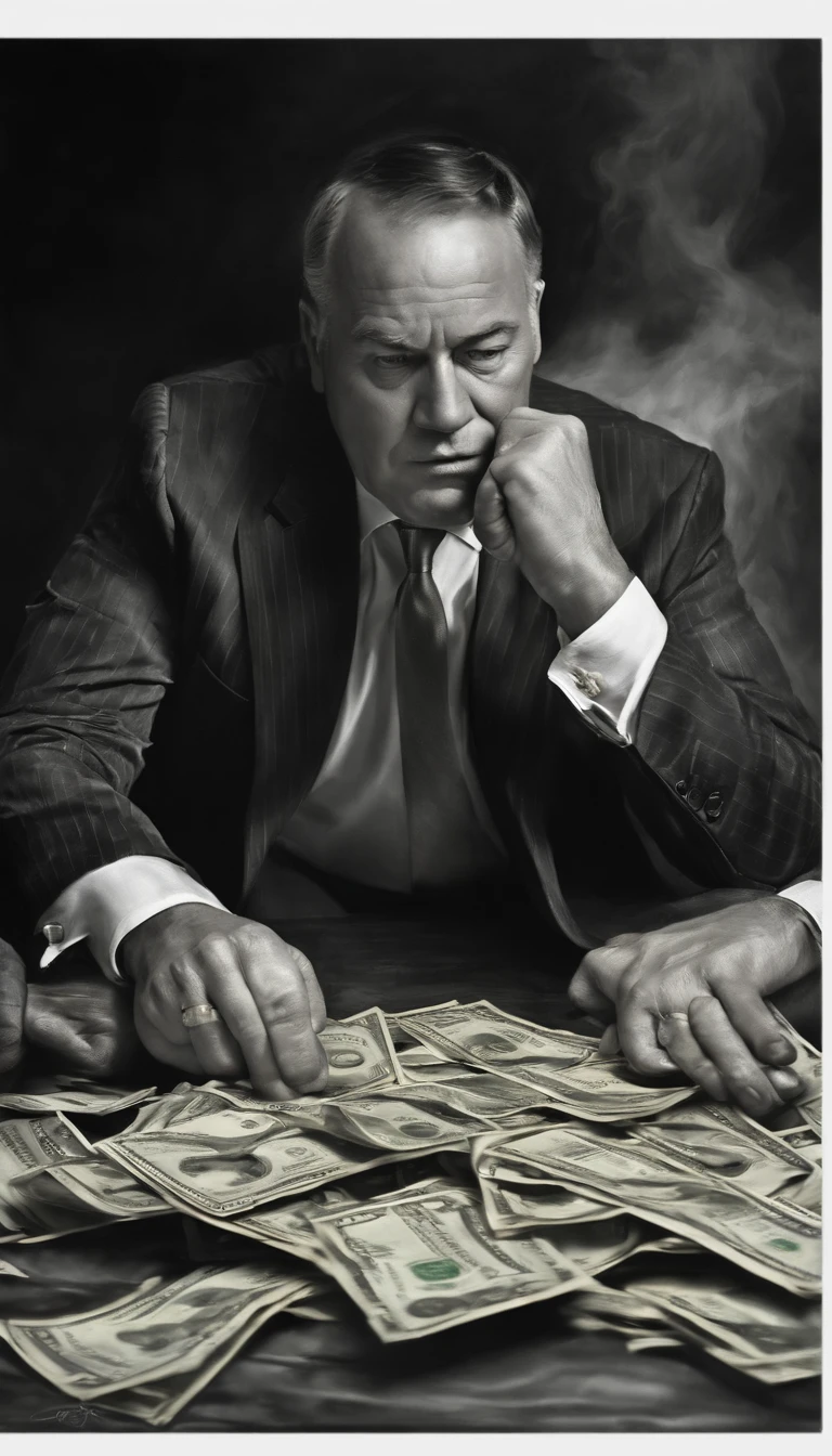 Man fighting money, Oil Painting, Harsh brush strokes, Dramatic Lighting, intense expression, Determined eyes, hold fists, sweat dripping down his face, Wrinkled suit, broken chains, Crumbling dollar bills, Crumbling Stock Market Graph, Smoke rises in the background, Black and white with a touch of gold, Realism. (Best Quality, hight resolution, Ultra-detailed), (Realistic:1.37), Professional, Vivid colors.