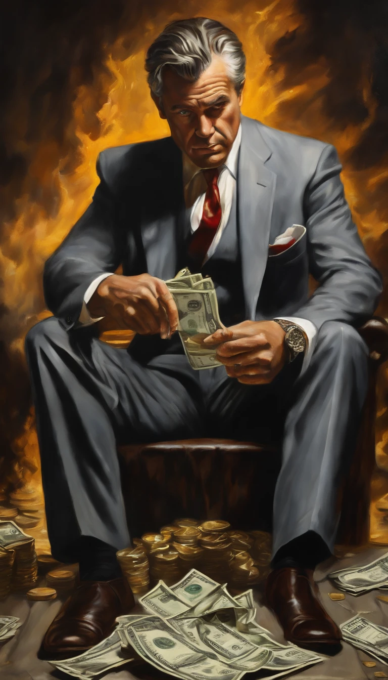 Man fighting money, Oil Painting, Harsh brush strokes, Dramatic Lighting, intense expression, Determined eyes, hold fists, sweat dripping down his face, Wrinkled suit, broken chains, Crumbling dollar bills, Crumbling Stock Market Graph, Smoke rises in the background, Black and white with a touch of gold, Realism. (Best Quality, hight resolution, Ultra-detailed), (Realistic:1.37), Professional, Vivid colors.