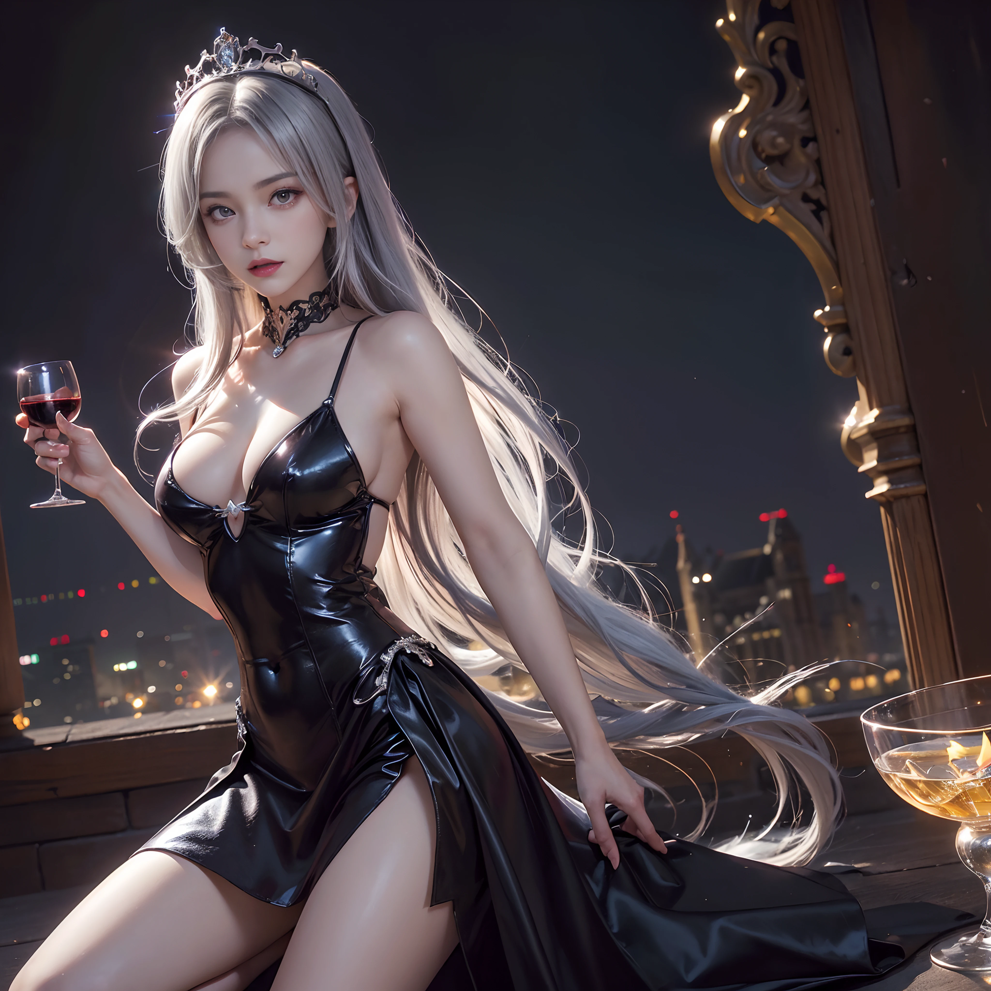 (((nffsw))), (((masutepiece))), (((8K))), (((hight resolution))), (((surrealism))), (((Cinematic lighting))), god rays, Zoom Layer, (((FULL BODYSHOT))), F/4.0, canon, Shiny skin,Detailed skin,Detailed face, Detailed eyes, Vampire Goddess, Silver tiara, See-through dress in black, Holding a wine glass with red wine in one hand, Old castles in Germany, Sharp fangs