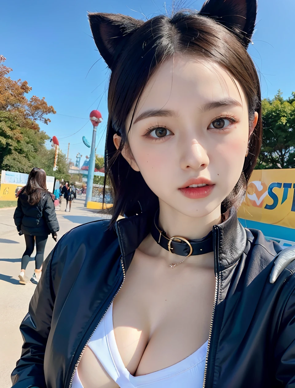 Woman in black jacket and visible alafe playing in amusement park、As if Lisa Simpson came back to life, leaked image, leaked photo, at instagram, dilraba dilmurat, ruan cute vtuber, cartoonish cute, Hannah Alisa Omale, Instagram, Larisa Manobal, eva elfie, katelynn mini cute style、huge-breasted、sensual breasts、Sensual body、Glaring eyes、short-cut、Cat ear headband、