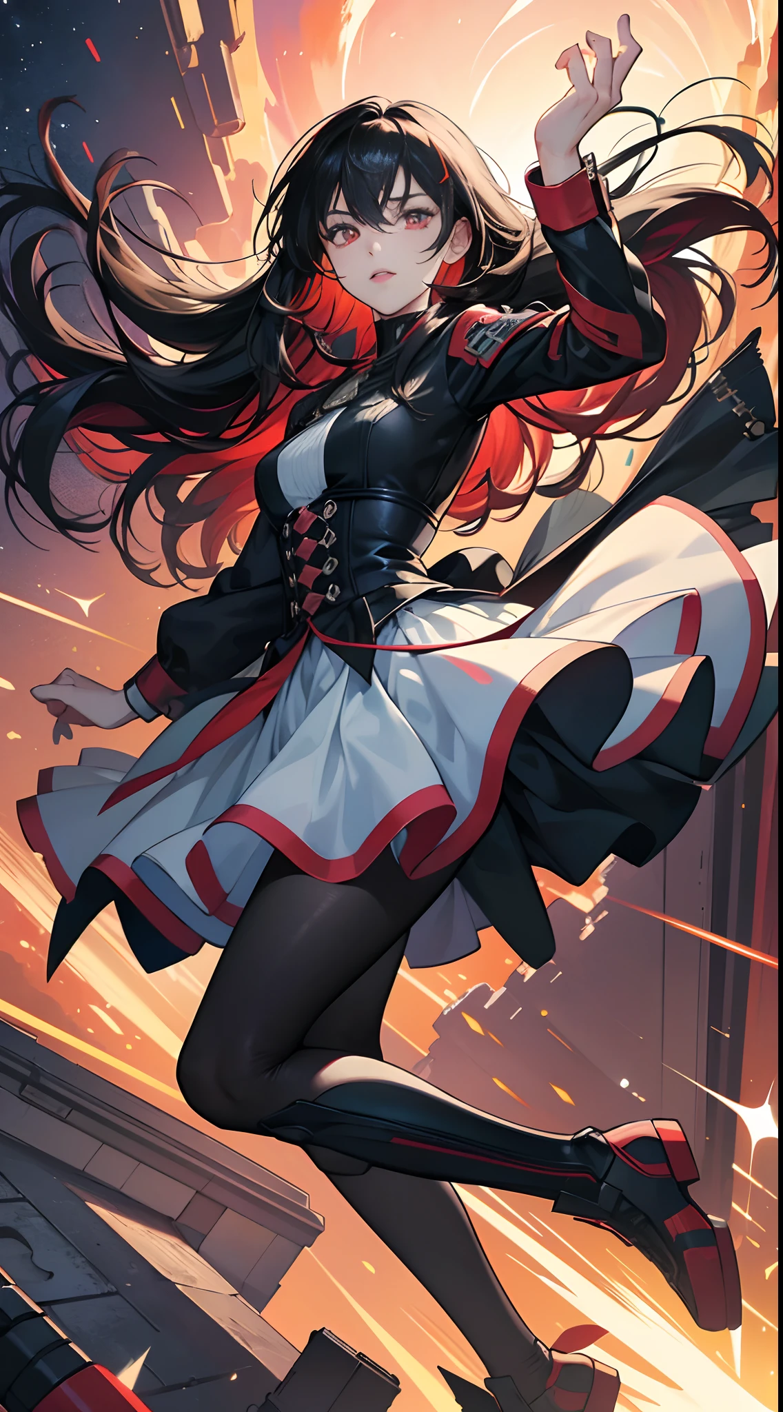 (Best Quality,4K,High resolution), 18yo woman, Red highlights on black hair, Long hair, Straight hair, Cool Woman,Cold eyes ,sharp eye，glares，Red glowing eyes，Soaring in the sky，Full body close-up，Turning the camera from behind，Delicate illustrations drawn in detail，Clothes with intricate decorations, Cyberpunk Expressions，Realistic portrayal，luminous sky，Vibrant colors，(Best Quality,4K,High resolution)，noisy，rampage，comic strip，animesque，Comical illustration，busy，Deformed cute illustration，Full body projection，It's like falling out of the air，Flash from behind