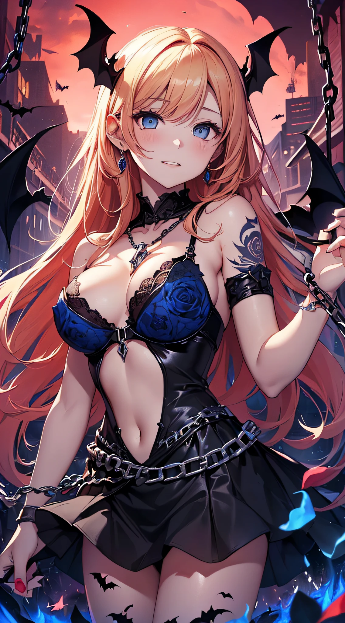 top-quality、Top image quality、​masterpiece、girl with((18year old、Dark clothing、Dark bra、Dark skirt、 Best Bust、Bust 90、Blonde long、Blue eyes、open chest wide、Valley、Happiness、A slender、Provocative behavior、Shy face、Handcuffed、High laughter、Skull Tattoo、Tattoo of roses、Targeting your audience、Tighten blue rose hair、Aura of Darkness,Dark Forces,blue flames、Chain Accessories、Black wings、Black manicure、holding a black whip in one hand,、Fall in love with your audience)）hiquality、Beautiful Art、Background with((prison、Dark impression、nightcity,Red sky、Many bats、many chains、the magma))、masutepiece、Elaborate design、visualart、dark art
