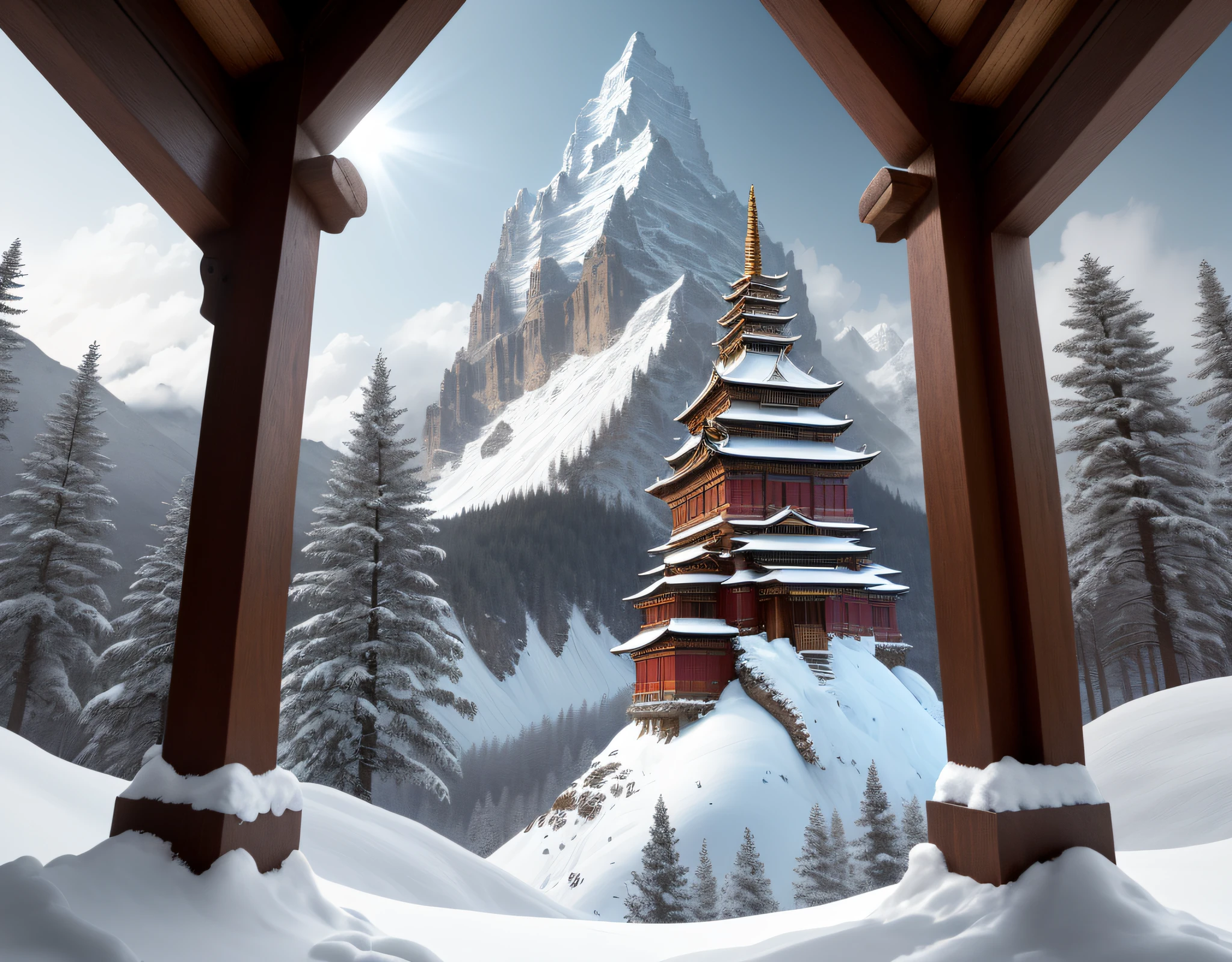 Vignetting, god light, reflective light, Depth of field,, Masterpiece, Super detail, High details, Award-Awarded, A high resolution, Best quality,Under the light,snow mountains,continuous,There is a thousand-year-old temple on the top of the mountain,The trees are surrounded by a lot of snow,Goshawks hover in the sky