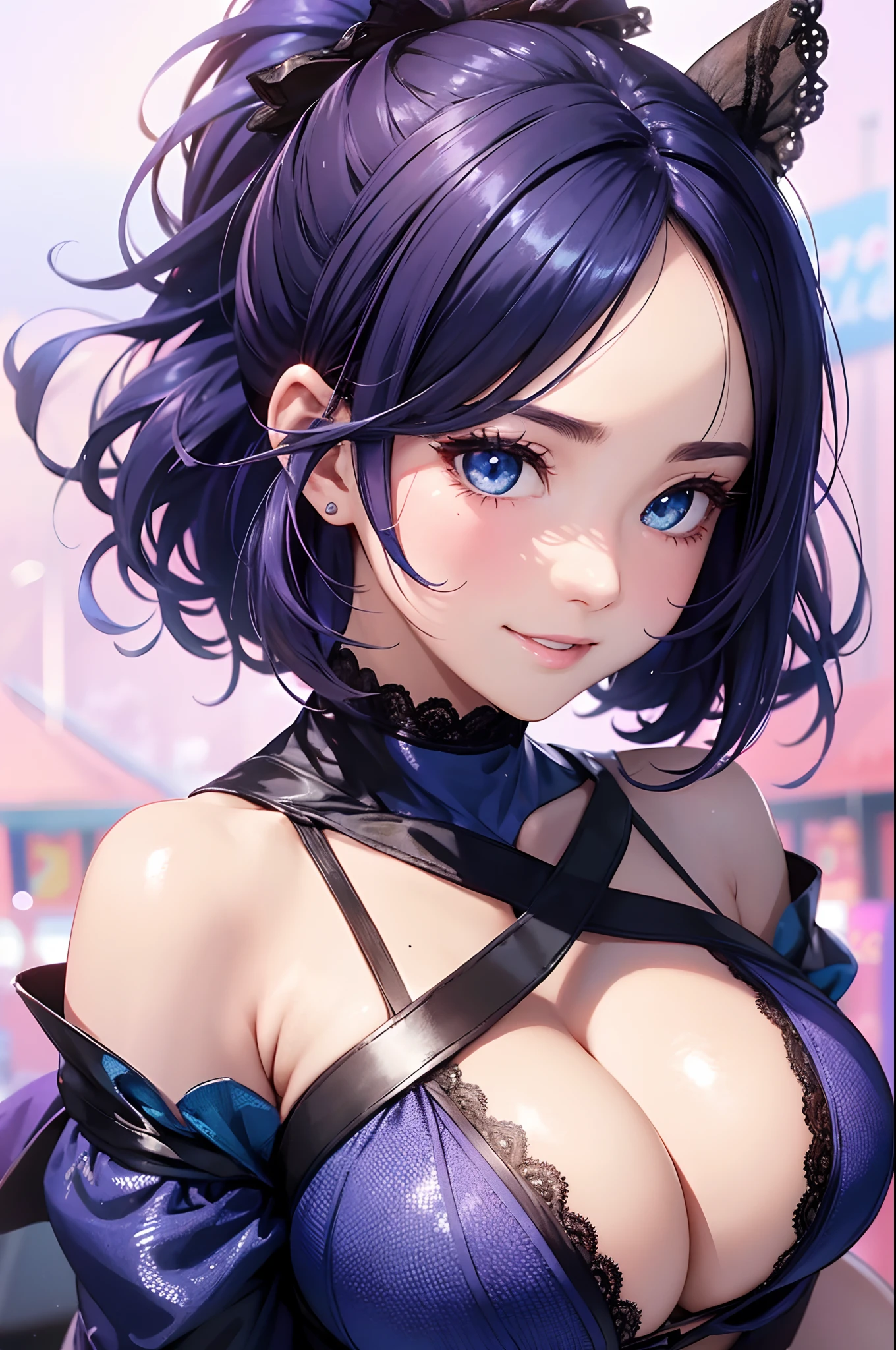 8K picture quality、top-quality、masutepiece,black super short hair、Half of the body is in water,Large breasts,cleavage,Off-the-shoulder attire,The swimsuit fits closely,super high image quality、ultra - detailed、Ultra-realistic hair quality、Vibrant colors、Beautuful Women、Beautiful long hair、Shiny hair、detailed hairs、blue mesh、poneyTail、Blue eyes、shiny skins、Lace underwear、extremely giant breasts、Sweaty forehead and cheeks、Huge ass、A smile、soft pink lips、Ultra-realistic flesh、Red cheeks、summer festival in background