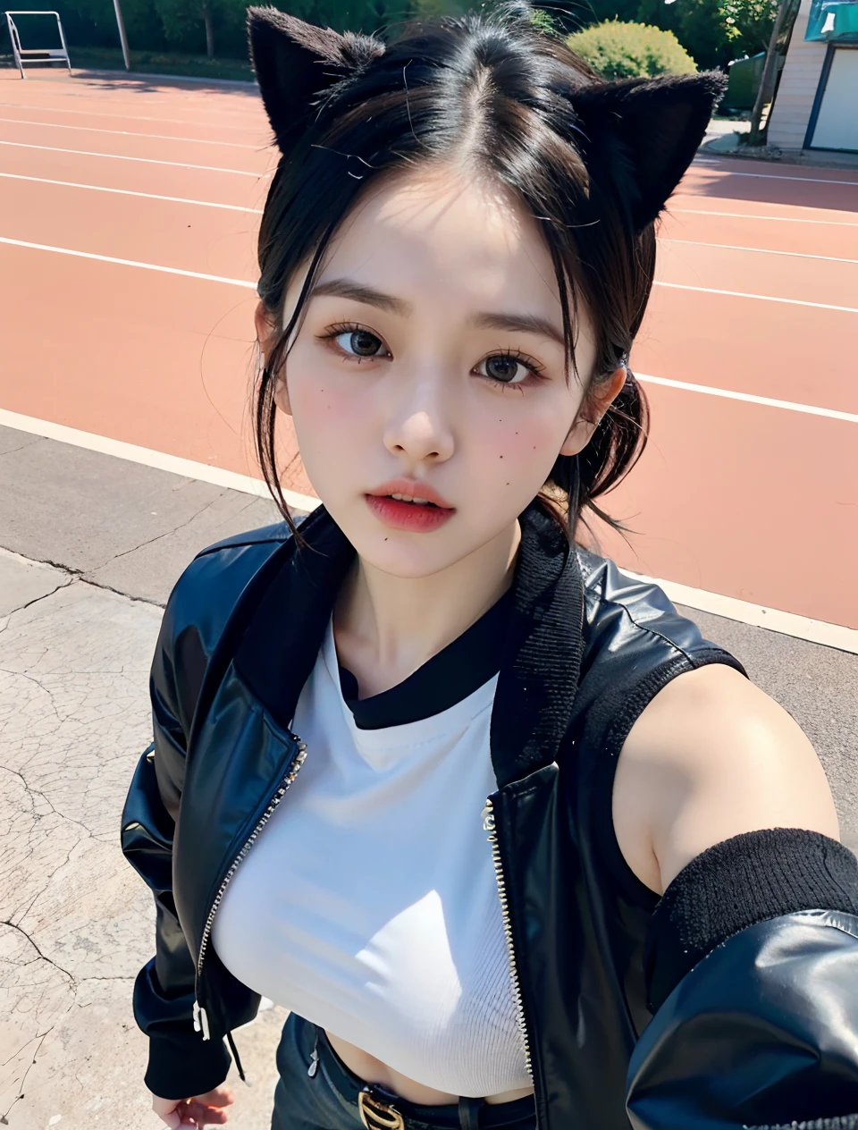Visible arafe playing in amusement park with woman in black jacket、As if Lisa Simpson came back to life, leaked image, leaked photo, at instagram, dilraba dilmurat, ruan cute vtuber, cartoonish cute, Hannah Alisa Omale, Instagram, Larisa Manobal, eva elfie, katelynn mini cute style、huge-breasted、sensual 、Sensual body、Glaring eyes、short-cut、Cat ear headband、Ground angle、fully body photo、Beautiful feet、