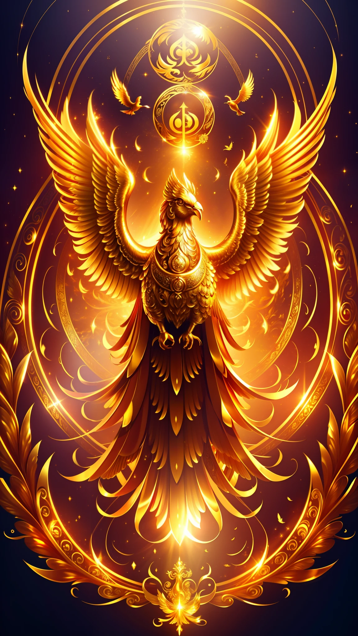 (absurderes、hight resolution、ultra-detailliert、realisitic、)、（Golden Phoenix）, which is a symbol of auspiciousness and peace, is also the embodiment of loyalty and chastity, or the embodiment of bravery and wisdom, Drive endlessly through the gold, One bird、 Shining,（Birds of God），flustured，(Shining with golden light)，Solo,nigth,One person elevation angle，super detailing，best qualtiy，tmasterpiece，（8K)，Extremely detailed，magnificent artwork，The picture is clear，Golden light on background
