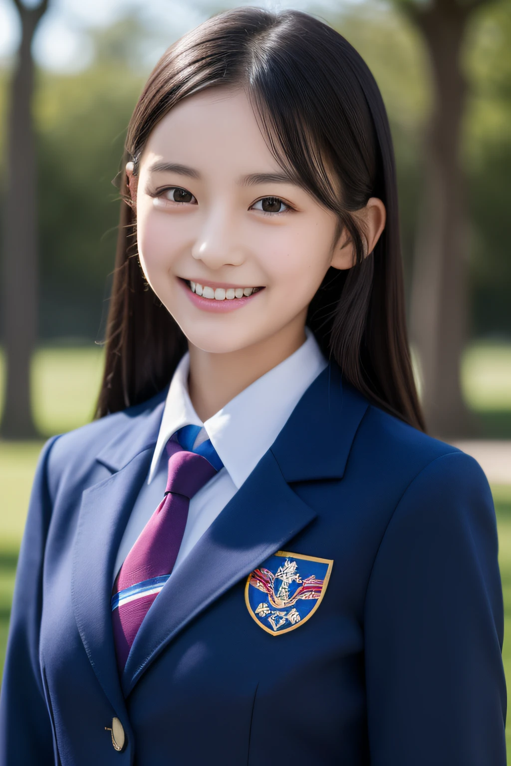 Young girl in dark blue blazer uniform with school emblem on chest,standing in the park, Ties are regimental,finely detail, beautiful detailed women,flat chest, A dark-haired,Looking here,Chest is not open,Full body like,a smile,showing teeth,