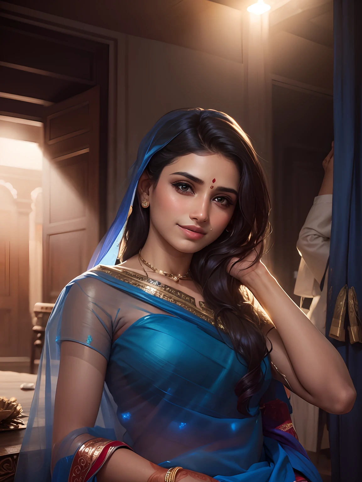 Girl with blue sari Indian wedding background