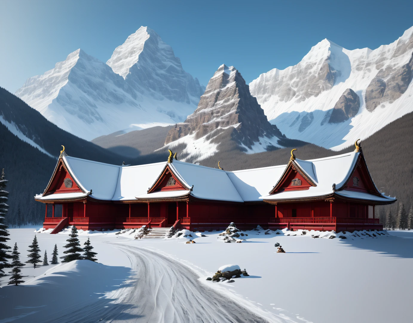 from above, wide shot, high quality, best quality, award winning, best quality, highres,under moonlight,snow mountains,continuous,There is a thousand-year-old temple on the top of the mountain,The trees are surrounded by a lot of snow,Goshawks hover in the sky,From above, Wide shot, High quality, Best quality, Award-Awarded, Best quality, A high resolution