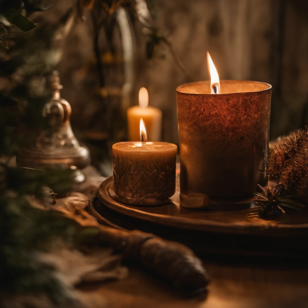 photography of a table, candle, antique, aesthetic decorations, 8k