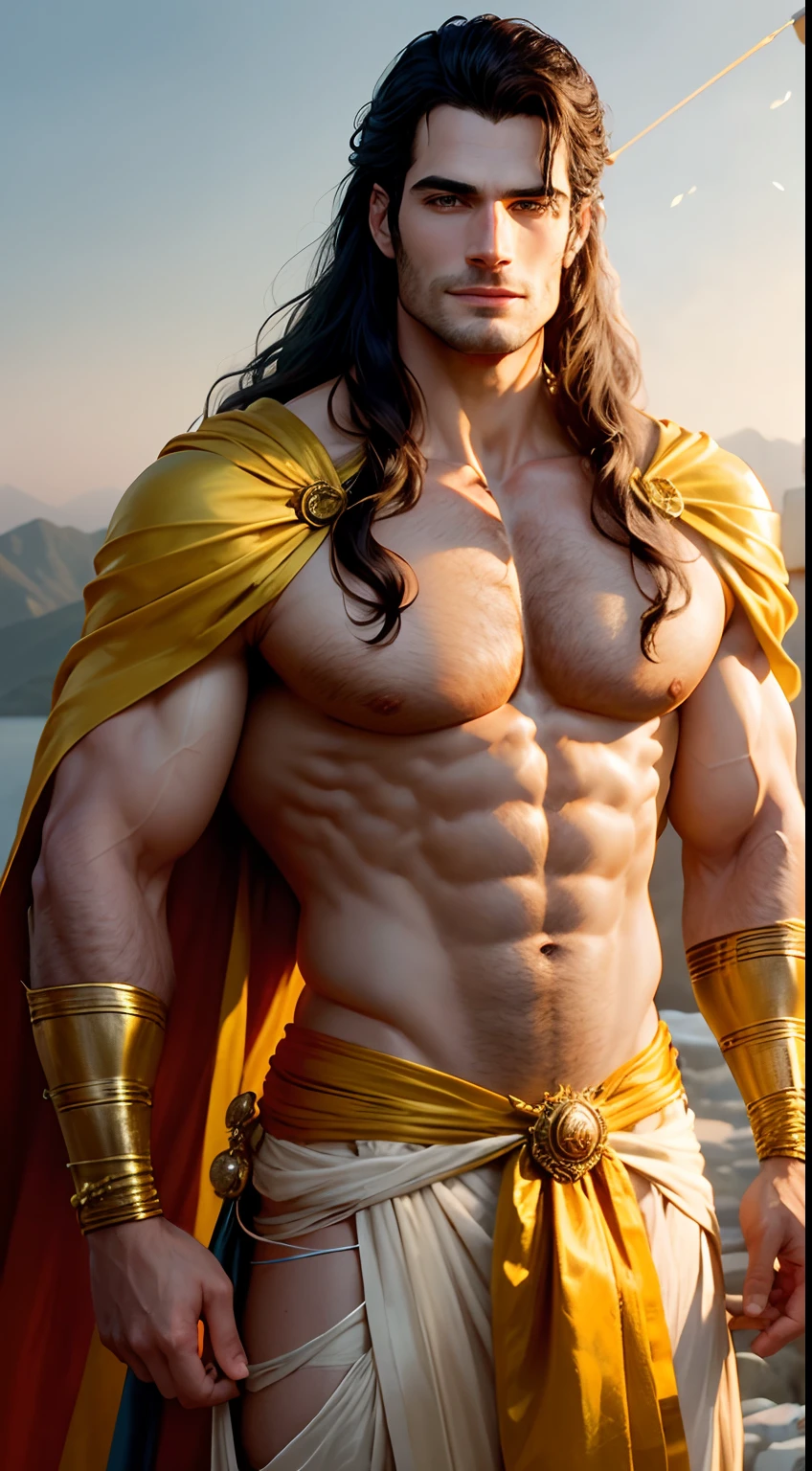 Henry Cavill, tall, handsome, long hair, robust, shirtless, wearing gold ornaments, wearing a yellow silk dhoti, smiling, a large longbow in his hands, bow stretched with arrow loaded, upper body, closeup, smiling, standing on a mountain