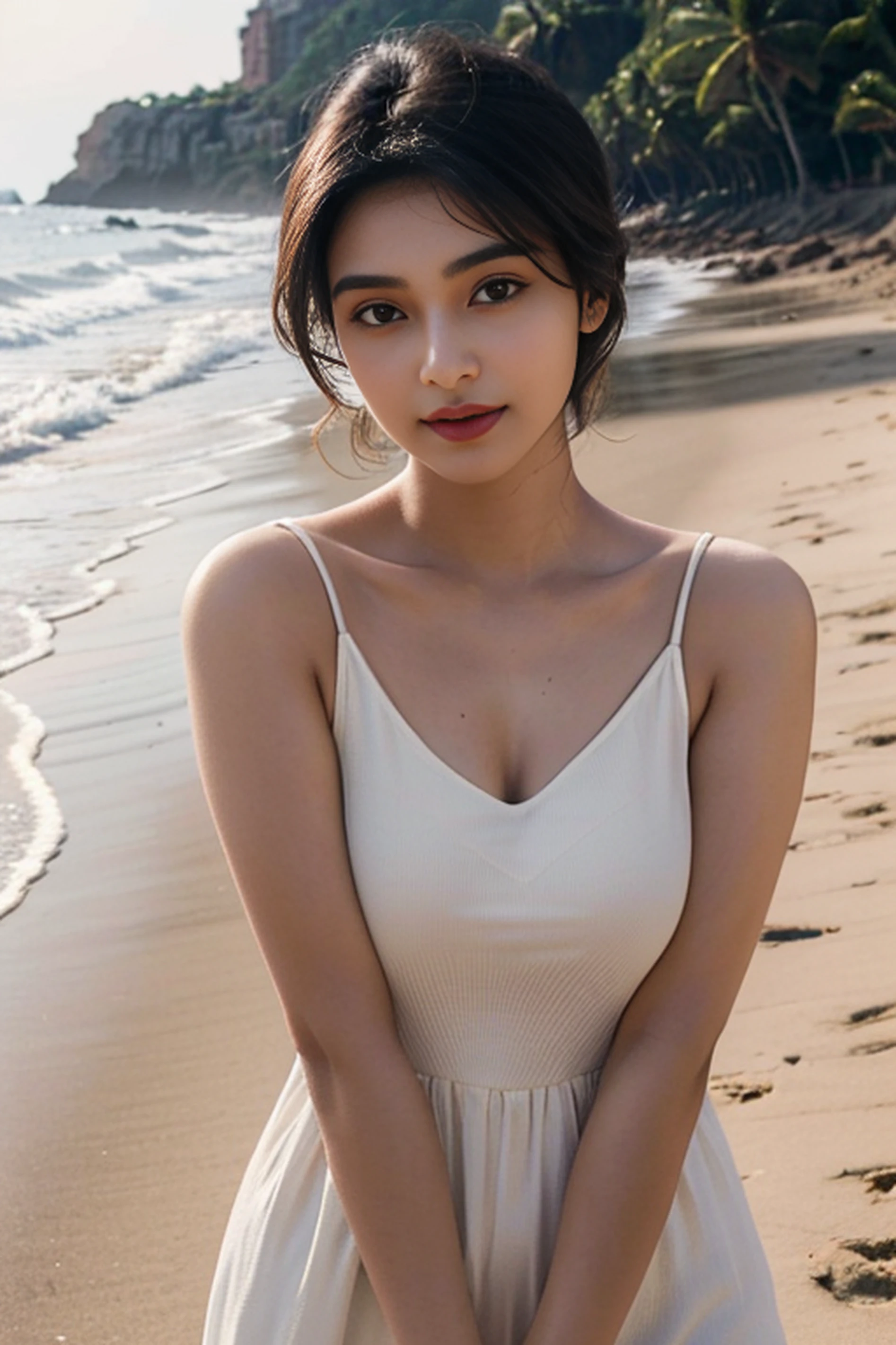 desi Indian girl (25 years), chubby face charming hair natural skin, slim figure, ((highly detailed face and skin texture, 8k, ultrarealistic))), ((Masterpiece: 1.3, best quality, sharp focus), natural day light), short hairs, in a beach, photography, sleeveless dress, happy face