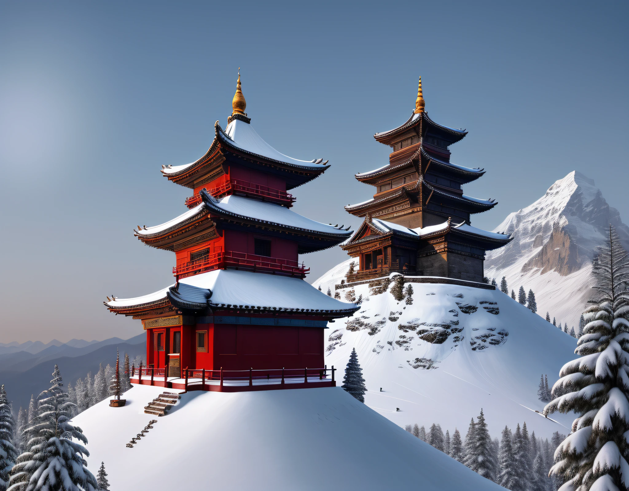under moonlight，snow mountains，continuous，There is a thousand-year-old temple at the top of the mountain，The trees are surrounded by a lot of snow，A goshawk hovers in the sky，From above, Wide shot, High quality, Best quality, Award-Awarded, Best quality, A high resolution