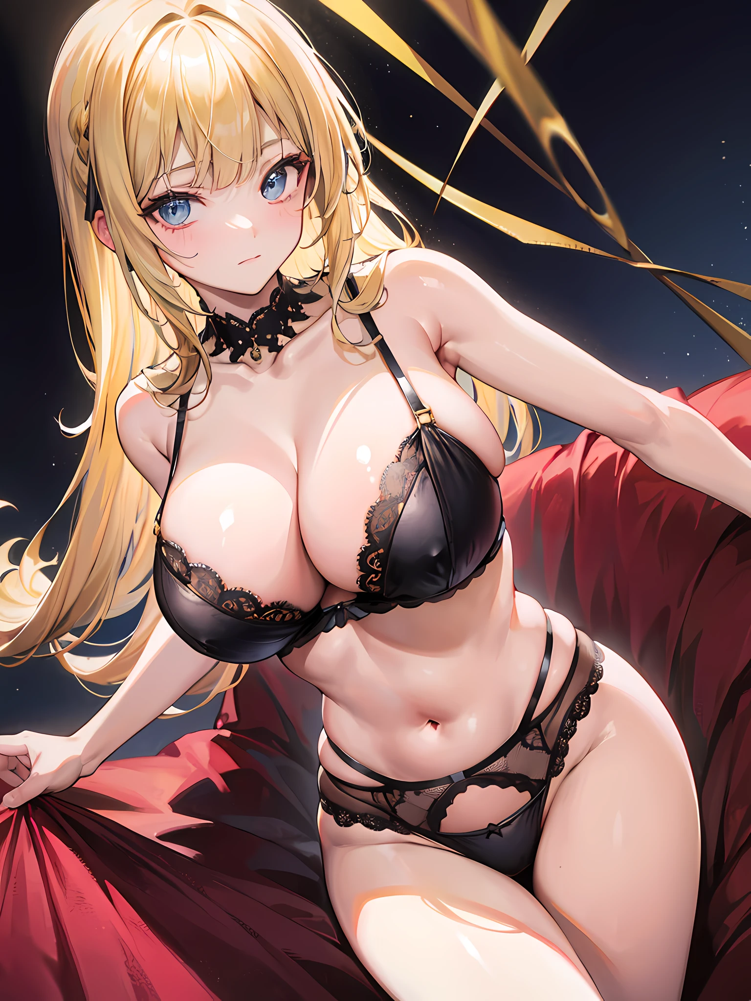 Black lingerie with gold accents, big breasts, cute, hand running through hair,