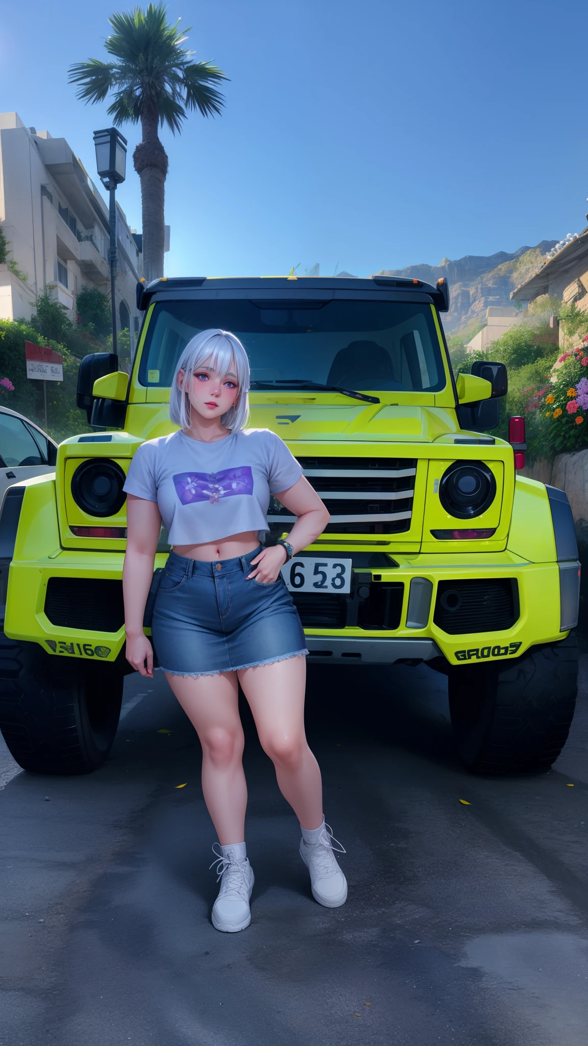 realistic, 1girl, white hair, purple eyes, glowing eyes, crop top, skirt, parted lips, blush, night, flowers, sun, sunlight,