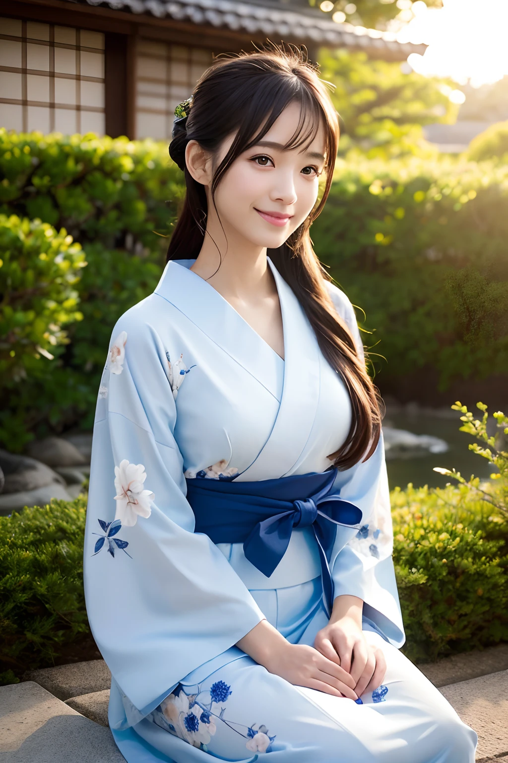 Beautiful woman in neat Japanese clothes、((best qualtiy、8k masterpieces:1.3))、foco nítido:1.2、(ultra beautiful faces:1.0)、(shinny skin:1.0)、photos realistic、A dark-haired、Video Lighting、High-definition eyes and face、Video Lighting、Japan Idol Actress、from the front side、medium breasts、Smile、Slender Abs Beauty、Whole body、In furisode