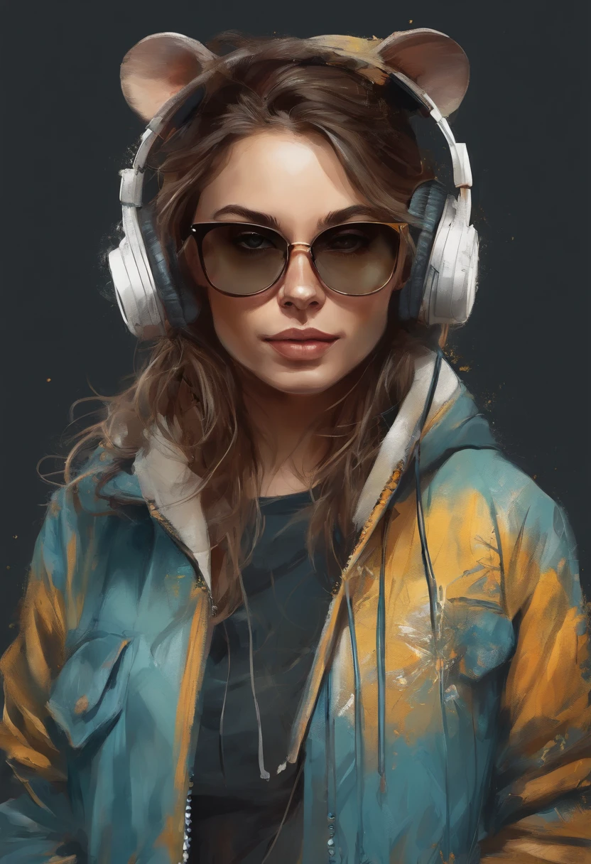 Perfect centering, Cute mouse, Wear a student team jacket, Wearing sunglasses, Wearing headphones, cheerfulness, Standing position, Abstract beauty, Centered, Looking at the camera, Facing the camera, nearing perfection, Dynamic, Highly detailed, smooth, Sharp focus, 8K, high definition resolution, illustration, Art by Carne Griffiths and Wadim Kashin, White background