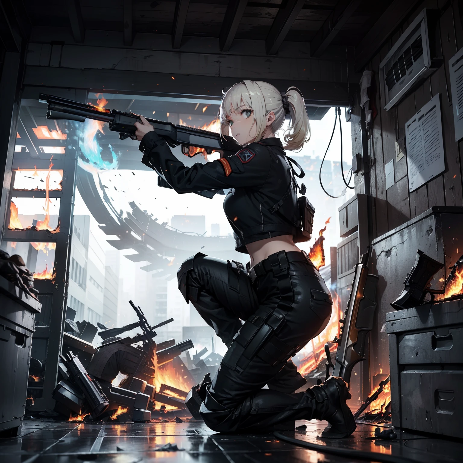 (Female soldier with strong body)、(((Fire a shotgun to kill aliens:1.4)))、独奏:1.4、(Black combat uniform)、(platinum-blonde-hair:1.2)、Have multiple weapons、Running through the rubble、((超A high resolution))、Detail Write、​masterpiece、top-quality、extremely details CG、8K picture quality、Cinematographic lighting、lensflare、(Night combat)、((From the inside of the building to the outside))、Hyper-detailing、Alien wreckage、cowboy  shot:1.4、From diagonally above 、(HK416)、turned around、Detailed firearm depiction、Firearms with perfect detail、Long barrel without distortion、Kneeling