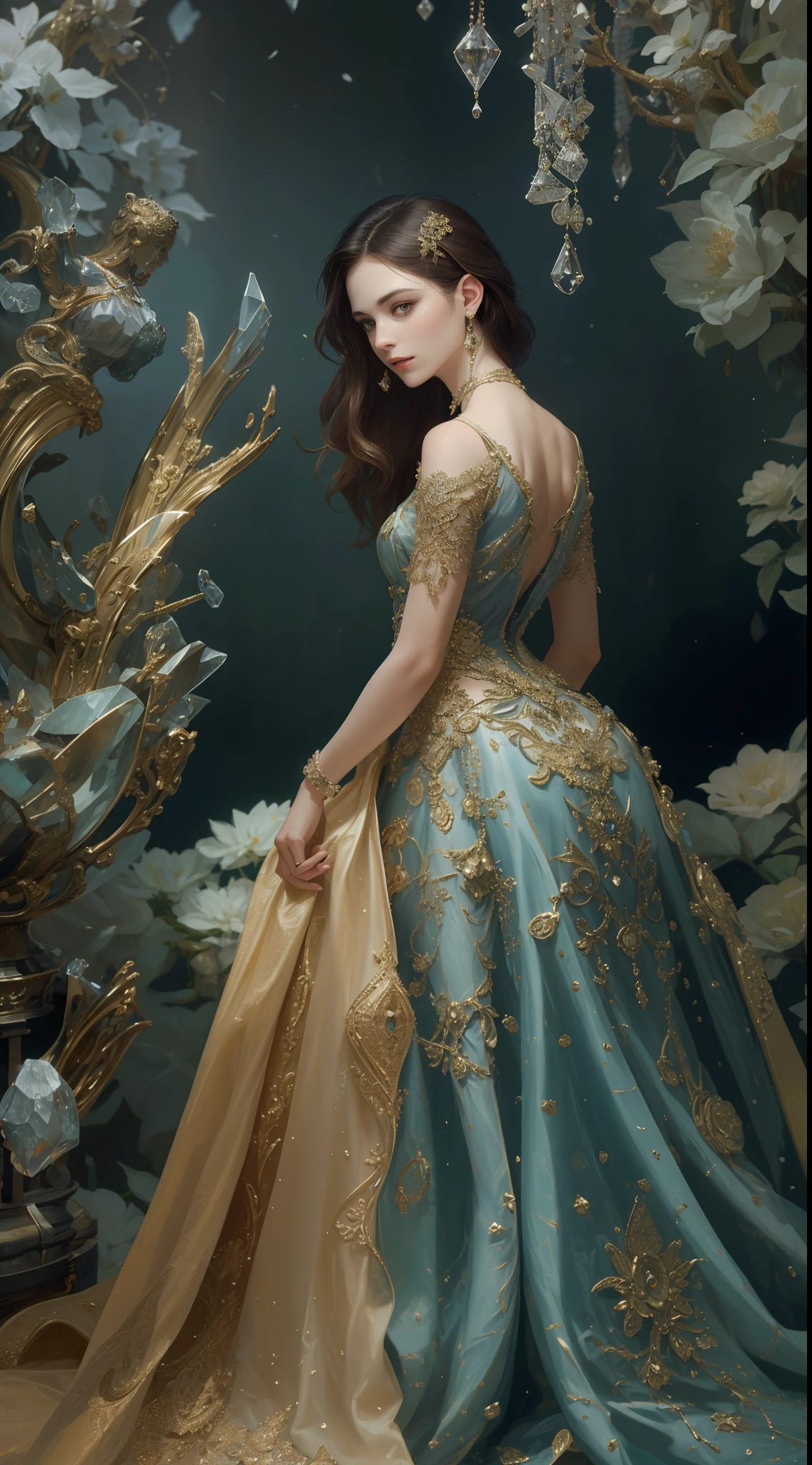 (Best quality,8K,A high resolution,Masterpiece:1.2),Ultra-detailed,(Realistic,Photorealistic,photo-realistic:1.37),Portrait,Creative style artwork,Historical,classical,Sophisticated,plethora of colors,Highly detailed,Soft lighting,luxurious environment,detailed gown,Vibrant flowers,detailed jewellery,Ethereal atmosphere,Elegant Pose,Graceful curves,Gold body proportions，Flowing hair,Breathtaking textile patterns,Harsh purple eyes,Delicate floral decoration,A dazzling array of crystal accessories,Mysterious and dreamy atmosphere,Impeccable attention to detail.