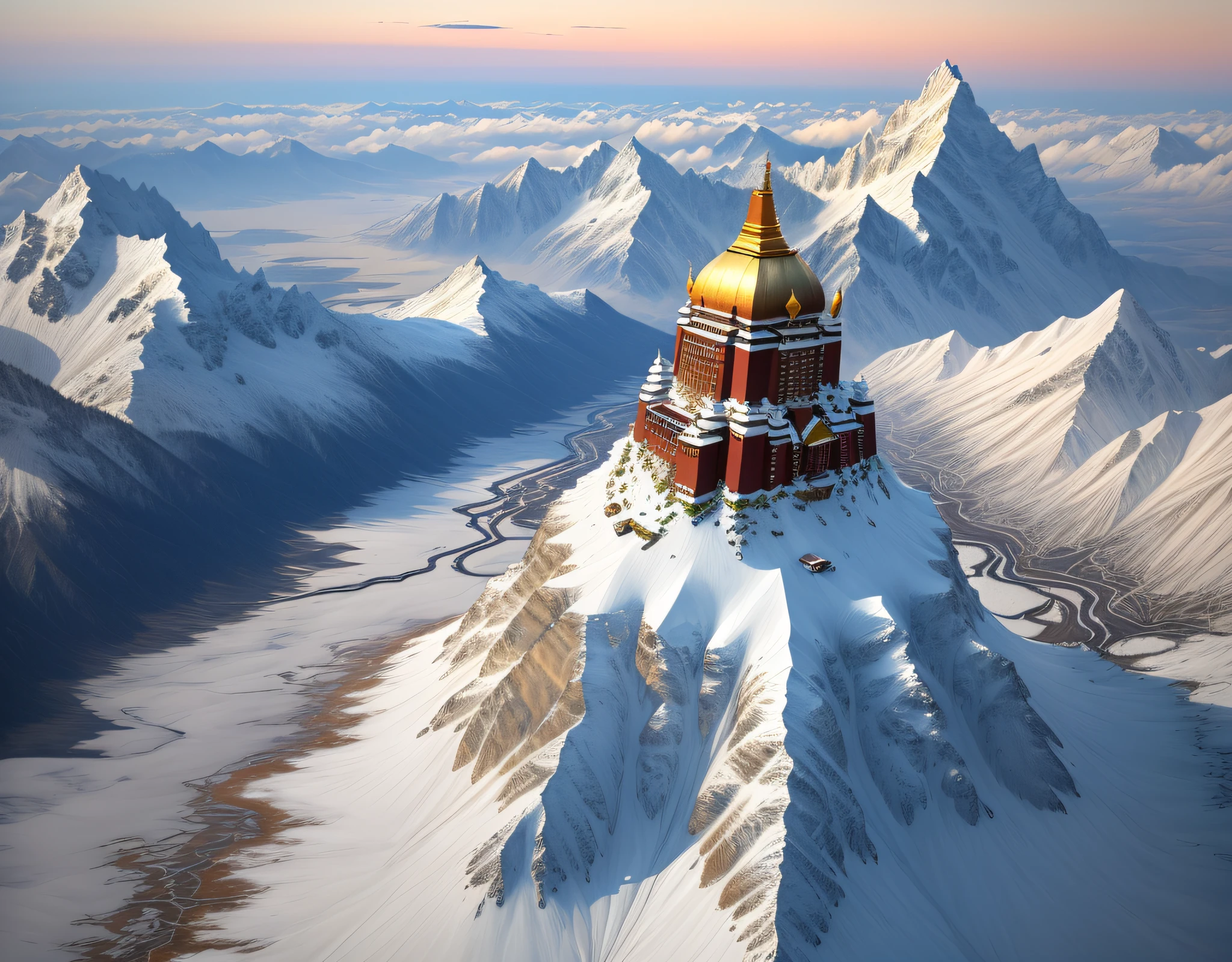 In the golden sun,snow mountains,(ln the forest:1.2),goshawk,Potala Palace,Melting snow,towering,tmasterpiece, High quality, Best quality, 8K, Magnificent, A majestic,From above, Wide shot, High quality, Best quality, Award-Awarded, Best quality, A high resolution