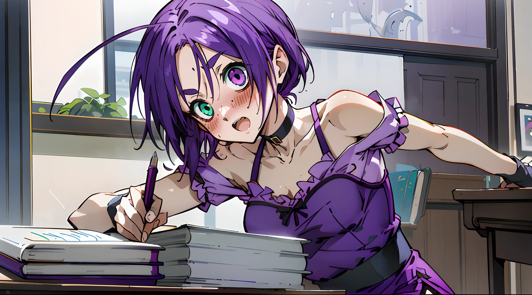 red blush, 1girl, Solo, sharpy face, heterochromia, teal green eyes, purple eyes, surprised face, opened mouth