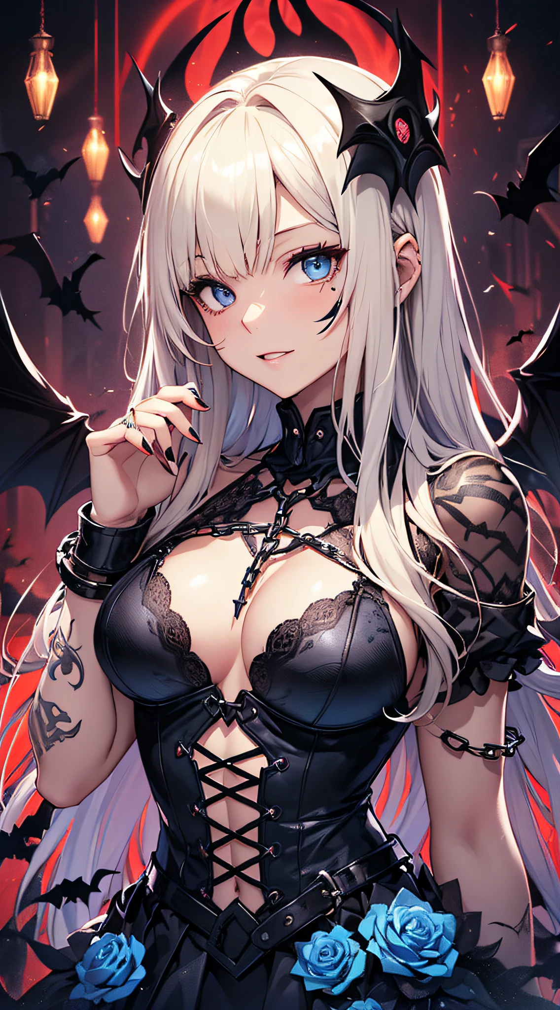 top-quality、Top image quality、masterpiece、girl with((18year old、Dark clothing、Dark bra、Dark skirt、 Best Bust、Bust 90、Blonde long、Blue eyes、open chest wide、Valley、Happiness、A slender、Provocative behavior、Evil face、Handcuffed、High laughter、Skull Tattoo、Tattoo of roses、Targeting your audience、Tighten blue rose hair、Aura of Darkness,Dark Forces,blue flames、Chain Accessories、Black wings、Black manicure、With a black whip、Fall in love with your audience))hiquality、Beautiful Art、Background with((prison、Dark impression、nightcity,Red sky、Many bats、many chains、the magma))、masutepiece、Elaborate design、visualart、dark art