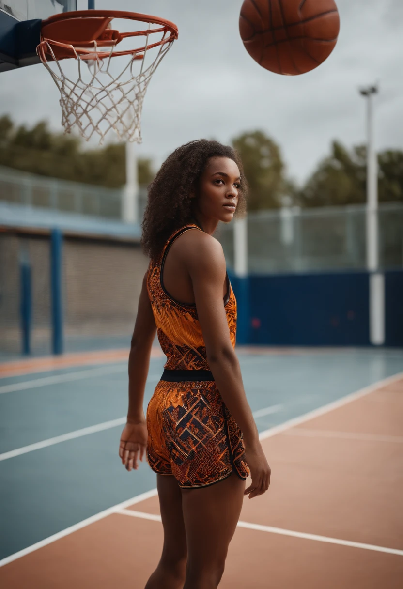 1 fille debout, porter un maillot de basket-ball, highly detailed, Realstic, Maintien de la balle, 27 ans, cheveux longs