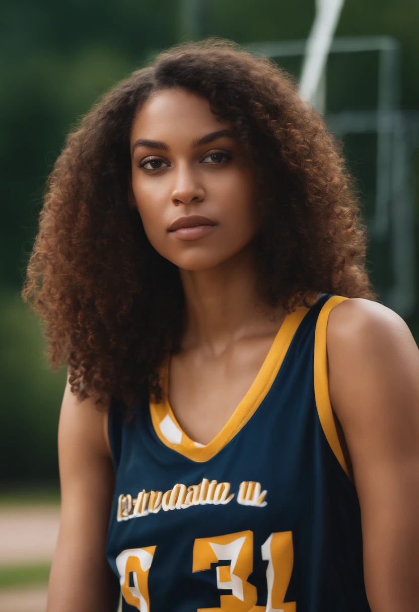 1 fille debout, porter un maillot de basket-ball, highly detailed, Realstic, Maintien de la balle, 27 ans, cheveux longs
