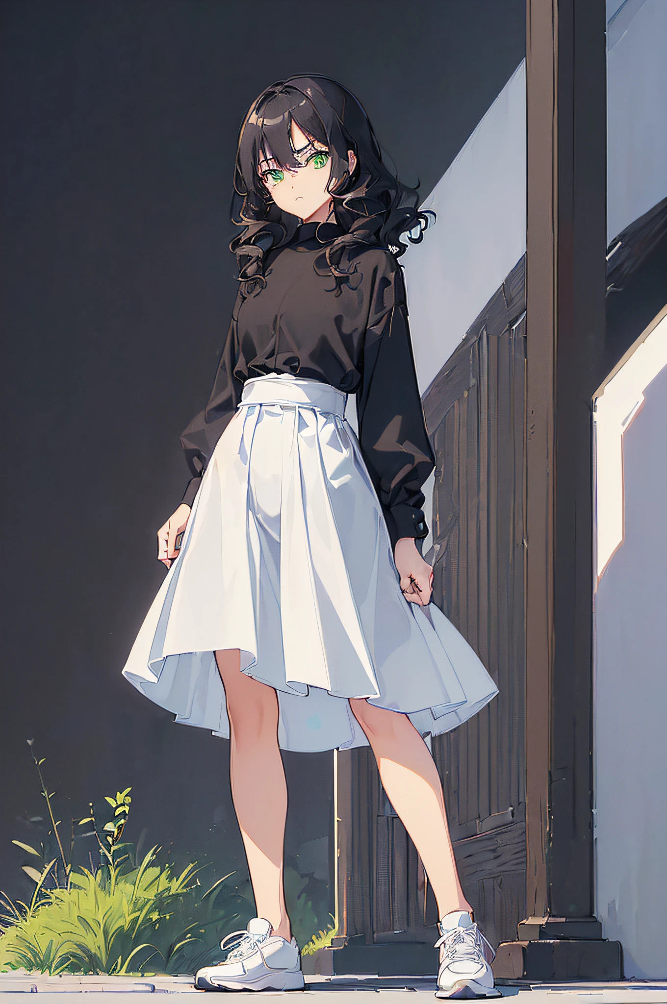 ((((((Look away, Not looking at the camera)))))), (((1 girl, Solo, Alone))),(((solid black background))),(((Cartoonish style, quadratic element, Simple Color Scheme))) , (Natural posture, Full body, Standing, Natural posture, upright posture), ((((Emphasis on image quality, top-quality, in 8K, masterpiece, Ultra High Resolution)))), (crisp lines, Crisp Contours, Clean lines),((Anime, big eye, Deformation, Cute, Anime Character, It features a simple, Eye Highlight, Simple little nose, Less hair highlights, smooth lines)),(((Hair color is lime green, Wavy Hair)))), ((((Business Casual Fashion、Wear a big black shirt,Wear sneakers )))), ((((boyish, Serious, Cool))))