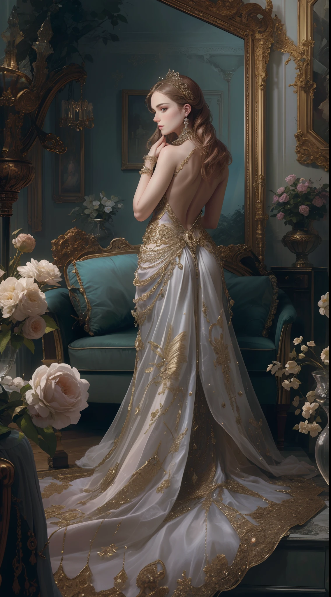 (Best quality,8K,A high resolution,Masterpiece:1.2),Ultra-detailed,(Realistic,Photorealistic,photo-realistic:1.37),Portrait,Creative style artwork,Historical,classical,Sophisticated,plethora of colors,Highly detailed,Soft lighting,luxurious environment,detailed gown,Vibrant flowers,detailed jewellery,Ethereal atmosphere,Elegant Pose,Graceful curves,Gold body proportions,Flowing hair,Breathtaking textile patterns,Harsh purple eyes,Delicate floral decoration,A dazzling array of crystal accessories,Mysterious and dreamy atmosphere,Impeccable attention to detail.